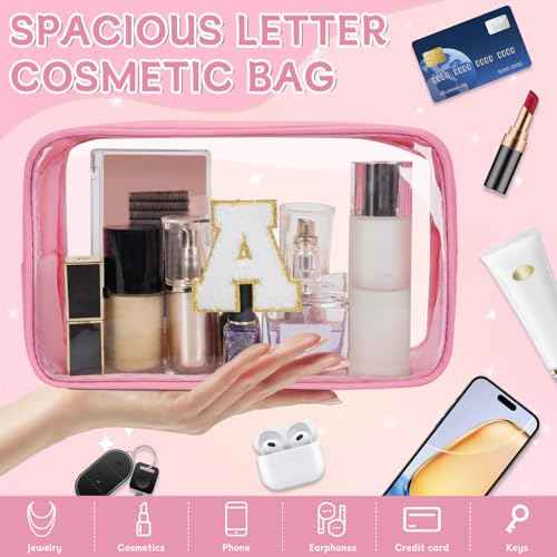 Personalized Initial Clear Makeup Bag, Travel Chenille Patch Cosmetic Bag, Preppy Toiletry Bag Monogram Cosmetic Pouch with Zipper, Ideal Gift for Teen Girls Women (Clear-Pink, A)
