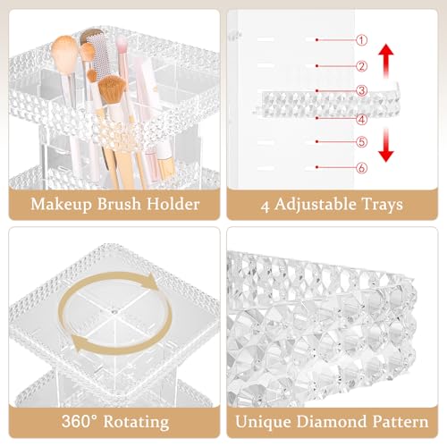 Rotating Makeup Organizer with Makeup Brush Holder, Large Capacity Perfume Organizer for Vanity Countertop, Acrylic Skincare Organizers Spinning Holder Storage Rack (Clear)
