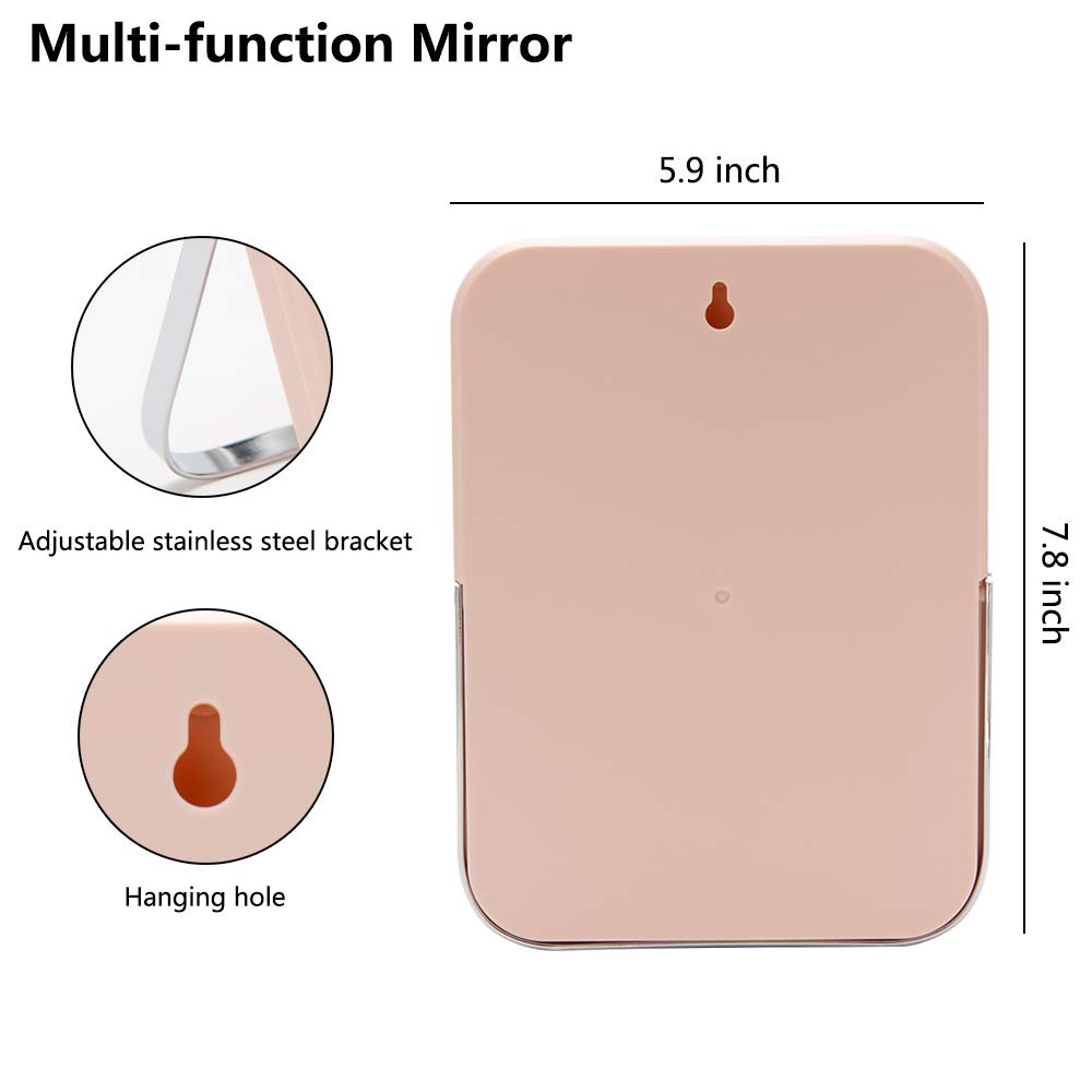 YEAKE Table Desk Vanity Makeup Mirror,8-Inch Portable Folding Mirror with Metal Stand 90°Adjustable Rotation Tavel Make Up Mirror Hanging Bathroom for Shower Shaving(Pink)