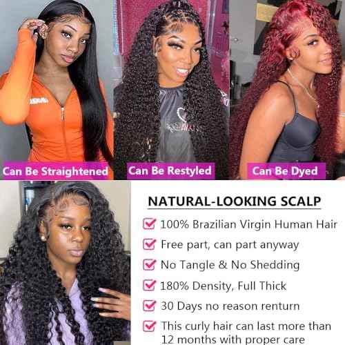 Manorshen 20Inch 13x6 Wet and Wavy Deep Wave Lace Frontal Wigs Brazilian Virgin Lace Front Deep Curly Wave Glueless Human Hair Pre Plucked Wig 180% Denisty With Baby Hair Natural Black