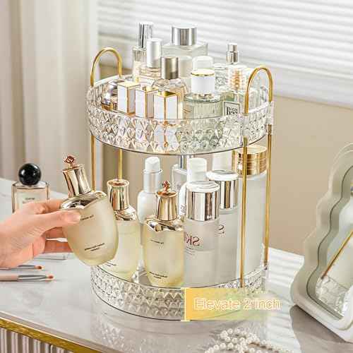 Rotating Makeup Organizer for Vanity, 2 Tier Perfume Skincare Storage for Women, Bathroom Counter Organizer, 360 Spinning Cosmetic Holder for Dresser Countertop, Clear