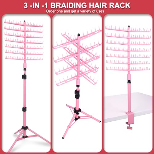 Height Adjustable Braiding Hair Rack 168 pegs, Dual-use Braid rack with Clamp (Pink)