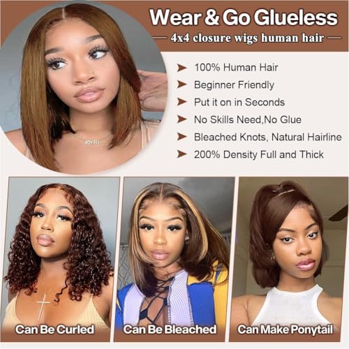 Chocolate Brown Bob Wig Human Hair Wear and Go Glueless Wigs Pre Plucked Pre Cut 4x4 Lace Closure Glueless Short Straight Bob Wigs for black women Human Hair 16 inch