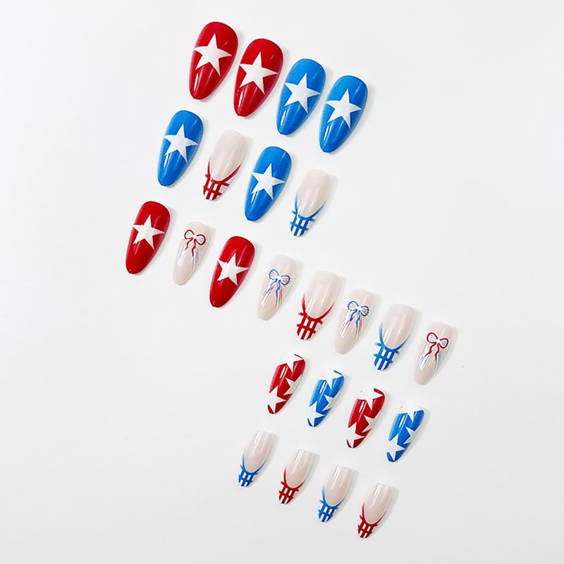 Skiennix 24Pcs 4th of July Press-On Nails - Short Oval Red Blue Plaid with Patriotic Designs