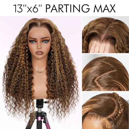 Honey Blonde Glueless Wigs Human Hair Pre Plucked Pre Cut Ombre Deep Wave Lace Front Wigs Human Hair 250% Density Upgrade 13x6 Frontal HD Lace Highlight P4/27 Curly Glueless Wig 22 Inch