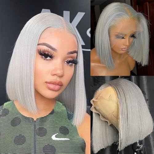 Silver Grey Bob Wig Human Hair 14 Inch 13x4 HD Straight Grey Bob Lace Front Wigs Human Hair Wear and Go Glueless Wig Pre Plucked with Baby Hair Short Grey Bob hd Lace Frontal Wigs For Black Women