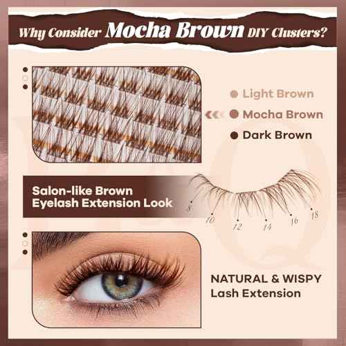 B&Q Brown Lash Clusters Kit Natural Mochalash 01, Wispy Eyelash Clusters Kit C-Curl Cluster Eyelash Extensions 8-16mm Fake Eyelashes Lash Extension Kit for Everyday Beginner Friendly(Mochalash 01 Set)