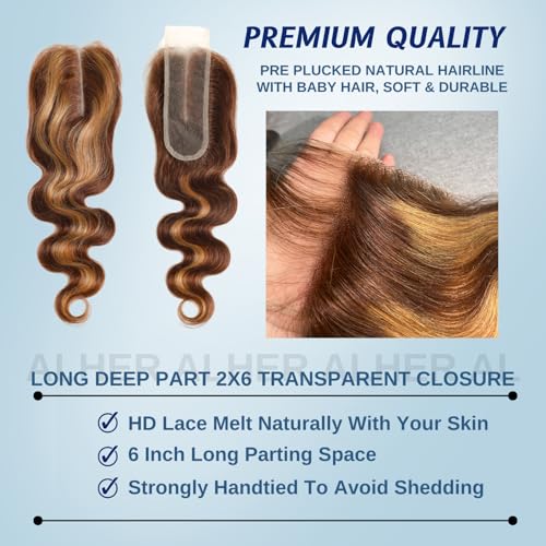 ALHER Long Deep Part 2x6 Closure Body Wave Honey Blonde Highlight, Ombre Brown and Blond 2x6 Kim K Transparent HD Lace Closure Pre Plucked With Baby Hair, #P4/27 Color Real Human Hair 12 Inch