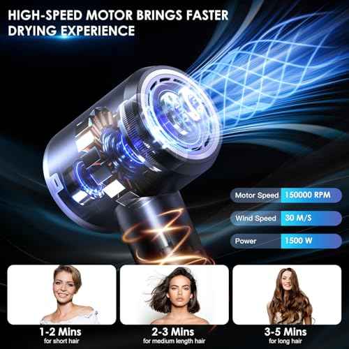 Hair Dryer - 150000 RPM High-Speed Blow Dryer with Negative Ionic Care for Fast Drying. Lightweight, Low Noise Design with 4 Temps/2 Speeds and Magnetic Nozzle (Black)