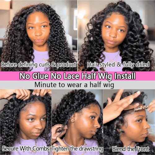Half Wig Human Hair Water Wave Half Wig 3 in 1 Glueless Wigs 200% Density Wear and Go Wigs Seamless Flip Over with Drawstring Beginner Friendly Curly Wig Headband Wig for Women 18 Inch