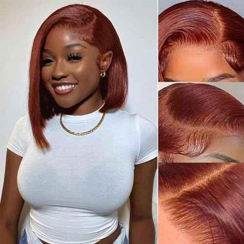 Reddish Brown Bob Wig Human Hair 13x4 Color Straight Lace Front Wigs Human Hair Bob 180% Density Short Brown Lace Front Wigs Human Hair Per Plucked with Baby Hair£¨33# Brown Bob Wig 14inch£©