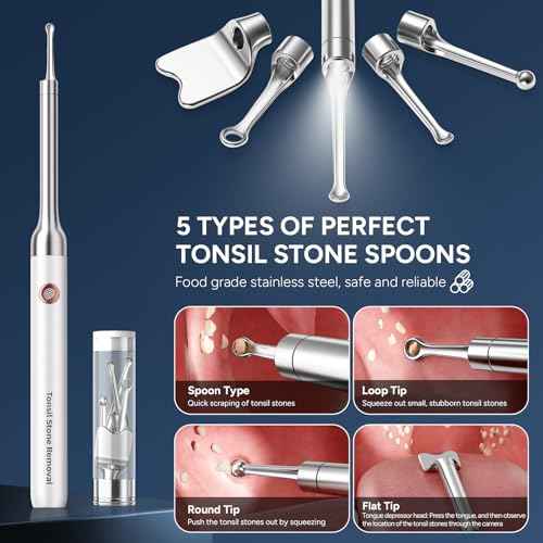 Tonsil Stone Remover with Camera - Upgraded Visual Tonsil Stone Removal Kit with 6 LED Light -Tonsil Stone Remover Tool with 1080P Camera, 5 Stainless Steel Heads, Irrigator, for iOS & Android(White)