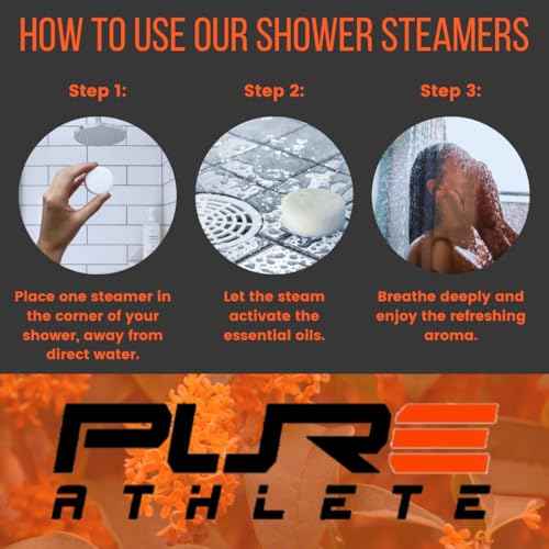 Pure Energizing Sport Shower Steamers - Natural Orange and Tea Tree Essential Oils, Made in USA, Energy Boost for Athletes, Best Relaxing Birthday Gift Set for Stress Relief, Recovery and Self Care