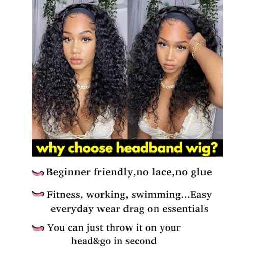 Water Wave Headband Wig Human Hair 18inch Curly Drawstring Headband Wigs Human Hair Wear and Go Glueless Wigs for Black Women Brazilian Virgin Hair 220 Density Natural Color