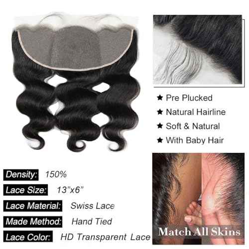 13x6 Lace Frontal Body Wave HD Transparent Frontal Ear to Ear 13x6 Lace Frontal Human Hair With Baby Hair Free Part 100% Virgin Human Hair Closure Natural Hairline 22 Inch