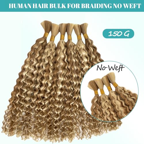 Water Wave Bulk Human Braiding Hair 3 Bundles 150g 20 Inch Highlight Honey Blonde Bohemian Braiding Hair for Boho Braids No Weft 100% Brazilian Virgin Hair