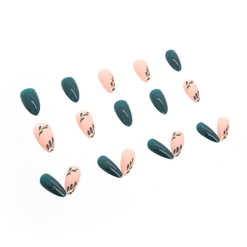 Almond Press on Nails Leaf Design Green Fake Nails Full Cover Glossy Glue on Nails for Women Manicure 24PCS