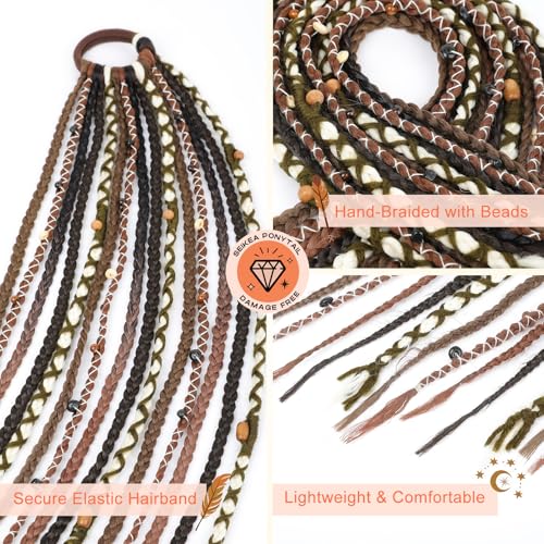 SEIKEA 2PCS Boho Braided Ponytail Extension with Hair Tie, 24" Long Viking Dreadlock Beads Ponytail Hand-braided Braids Hair Extensions Lightweight Natural Synthetic Hairpiece for Festival Cosplay