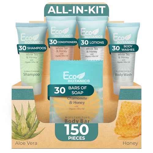 Eco Botanics Hotel Soaps & Toiletries Bulk Set | 1-Shoppe Amenities Kit | 0.85oz Shampoo & Conditioner, Body Wash, Lotion, 0.89oz Bar Soap | Travel Size | 150 Pieces