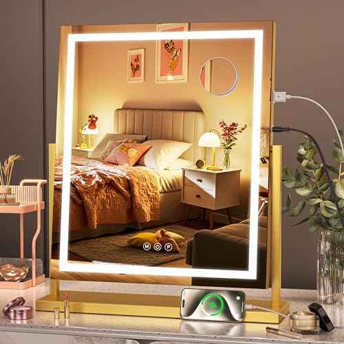 Hasipu Vanity Mirror with Lights, 17" x 22" LED Makeup Mirror, Light up Mirror with Smart Touch 3 Color Modes and Brightness Adjustment, 10X Magnifying Glass,360¡Æ Rotation (Gold)