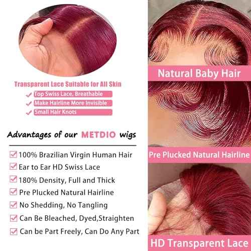 99J Burgundy wig human hair 13x4 body wave lace front wigs human hair 180 Density Pre Plucked Glueless Wine red colored lace front wig for Women 26inch