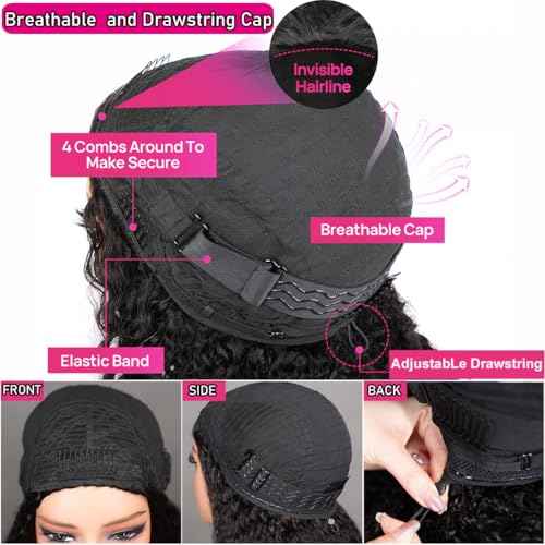 Glueless Half Wigs Human Hair Kinky-Curly Headband Wig Upgrade 3 In 1 Half Wig with Drawstring Seamless Clip Ins Flip Over 200 Density Curly Human Hair Wig For Black Women 16 Inch