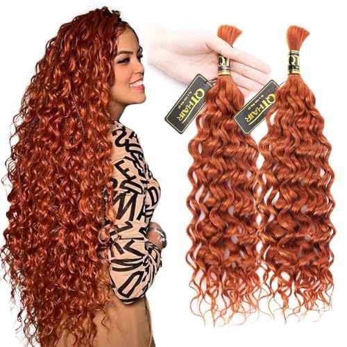 QTHAIR Water Wave Bulk Human Hair For Braiding, 16A, No Weft, 100% Unprocessed Brazilian Water Wave Virgin Hair, 2 Bundles, Micro Braiding (#350(Ginger), 22"-100g, Curly)