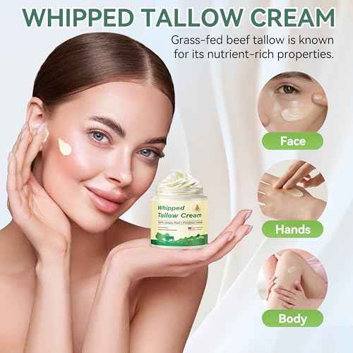 Beef Tallow for Skin, Organic Grass Fed Whipped Beef Tallow Balm Moisturizer Deeply Nourishing for Face & Body, Natural Unscented Tallow Face Moisturizer Cream for Dry Skin, 4oz