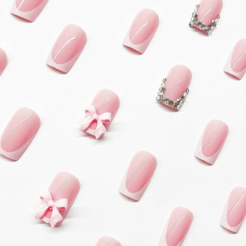 24Pcs White French Tip Press-On Nails - Medium Coffin Design with Bow Charms & Rhinestones | Pink Acrylic Full Cover
