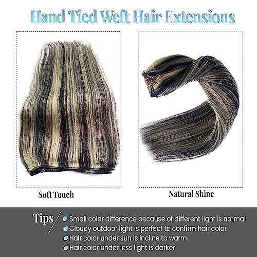 Sew in Hair Extensions Real Human Hair, 20 Inch 100G Weft Hair Extensions Human Hair Bundles Natural Black to Blonde Highlights Hair Extensions Real Human Hair Weft Weave Bundles for Women