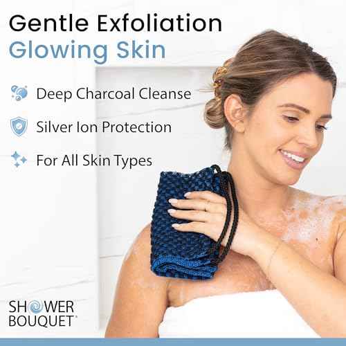 Japanese Exfoliating Washcloth for Back & Body - Charcoal & Silver Ion Exfoliating Towel - Two-Sided Gentle Exfoliation