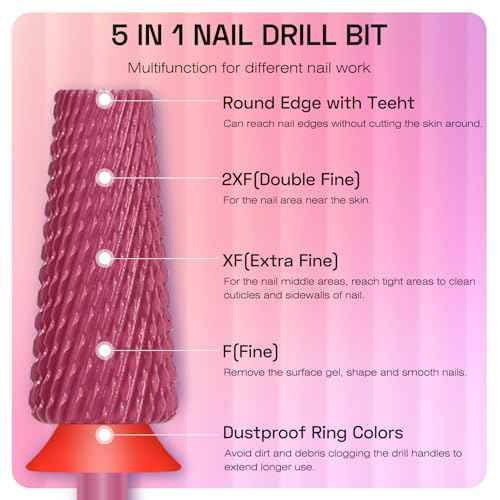 Depvko 5 in 1 Nail Drill Bits, 3/32" Carbide Tungsten Nail Bits for Nail Drill, Professional Two Way Rotate Gel Remover Drill Bit for Manicure Pedicure (Classic 5in1-Red, Fine-F)