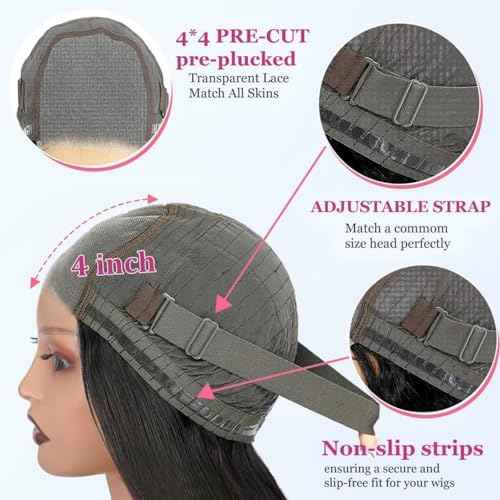 Wear and Go Glueless Bob Wig Human Hair Pre Plucked Pre Cut 4x4 HD Transparent Lace Front Wigs for Black Women Straight Short Bob Wigs Human Hair 180 Dentisty Natrual Color 10 Inch
