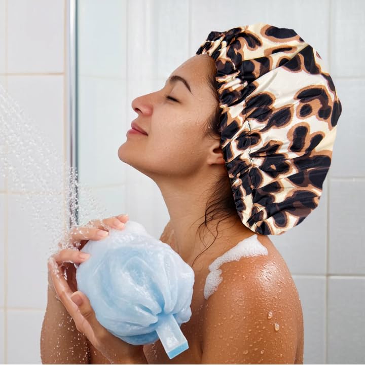 Skiennix Reusable Shower Cap - Large Waterproof Bonnet with Elastic Band for Long, Curly Hair | Leopard Print