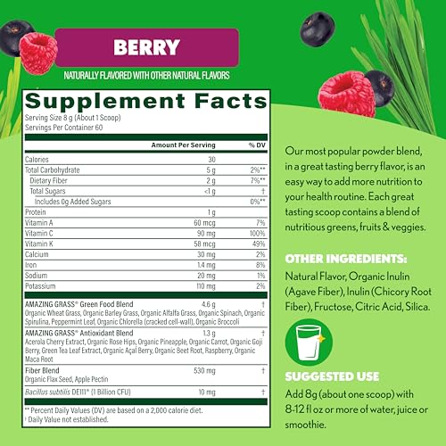 Amazing Grass Greens Blend Superfood: Super Greens Powder Smoothie Mix with Spirulina, Chlorella, Beet Root Powder, Digestive Enzymes & Probiotics, Berry, 60 Servings (Packaging May Vary)