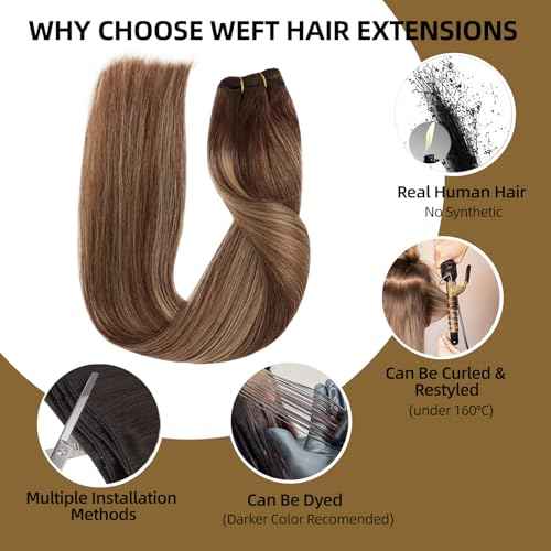 Sew in Hair Extensions Real Human Hair, 110g 24 inch Ombre Color 4/27/4 Balayage Chocolate Brown to Caramel Blonde Double Weft Weave Bundles Remy Human Hair Extensions Straight
