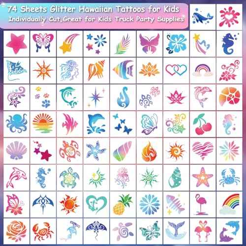 Glitter Temporary Tattoos for Aloha Party Decoration - 74 Individually Sheets Glitter Summer Tattoos for Kids Women Hawaiian Party Favors