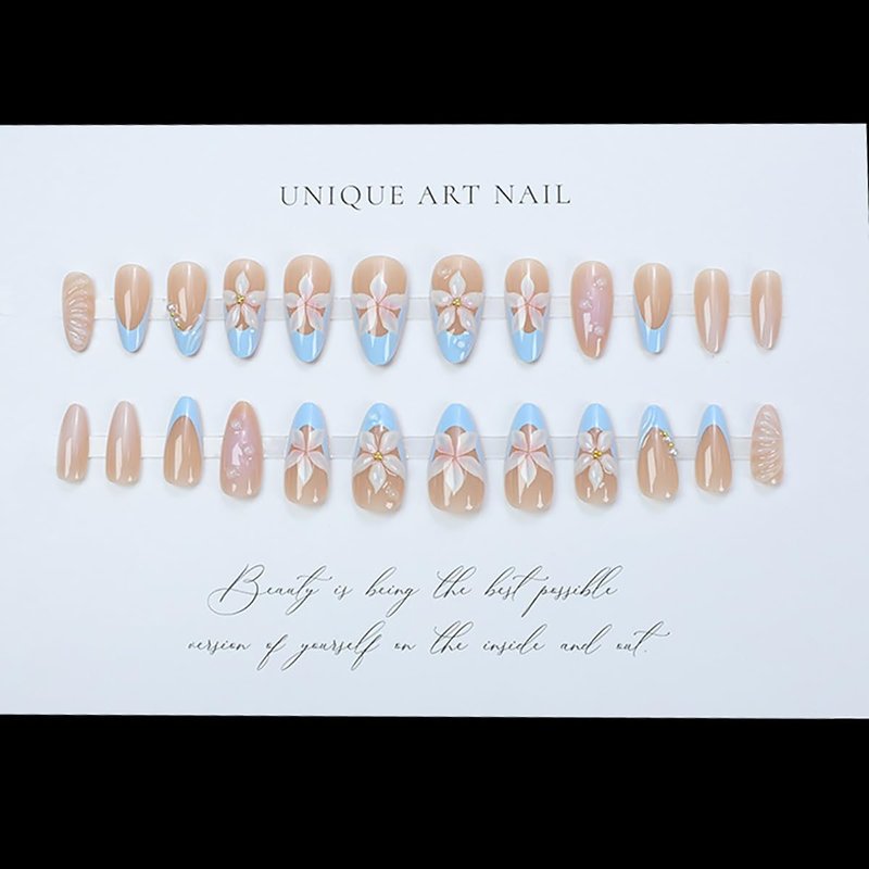 24Pcs Blue Flower Press on Nails Almond Medium French Tip Fake Nail 3D Flower with Pearl Designs Spring False Nails Artificial Acrylic Full Cover Glue on Nails Cute Stick on Nails for Women Manicure