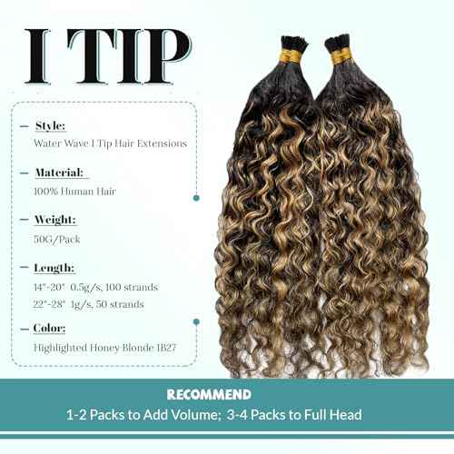 Curly I Tip Hair Extensions, Highlights I Tip Human Hair Extensions Natural Black Highlight Honey Blonde Human Hair Water Wave I Tip Extension Remy Human Hair Add Volume and length 28Inch 50g 1g/s