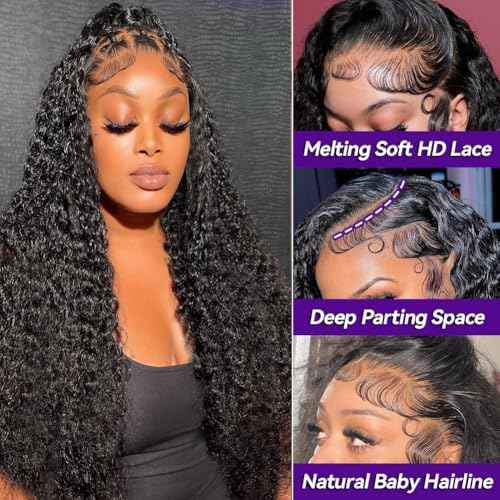 30 Inch 13x6 Deep Wave Lace Front Wigs Human Hair Hd Lace Frontal Wig 200 Denisty Deep Wave Wig Human Hair Lace Front Wigs Natural Black Pre Plucked Deep Curly Lace Frontal Wig for Women