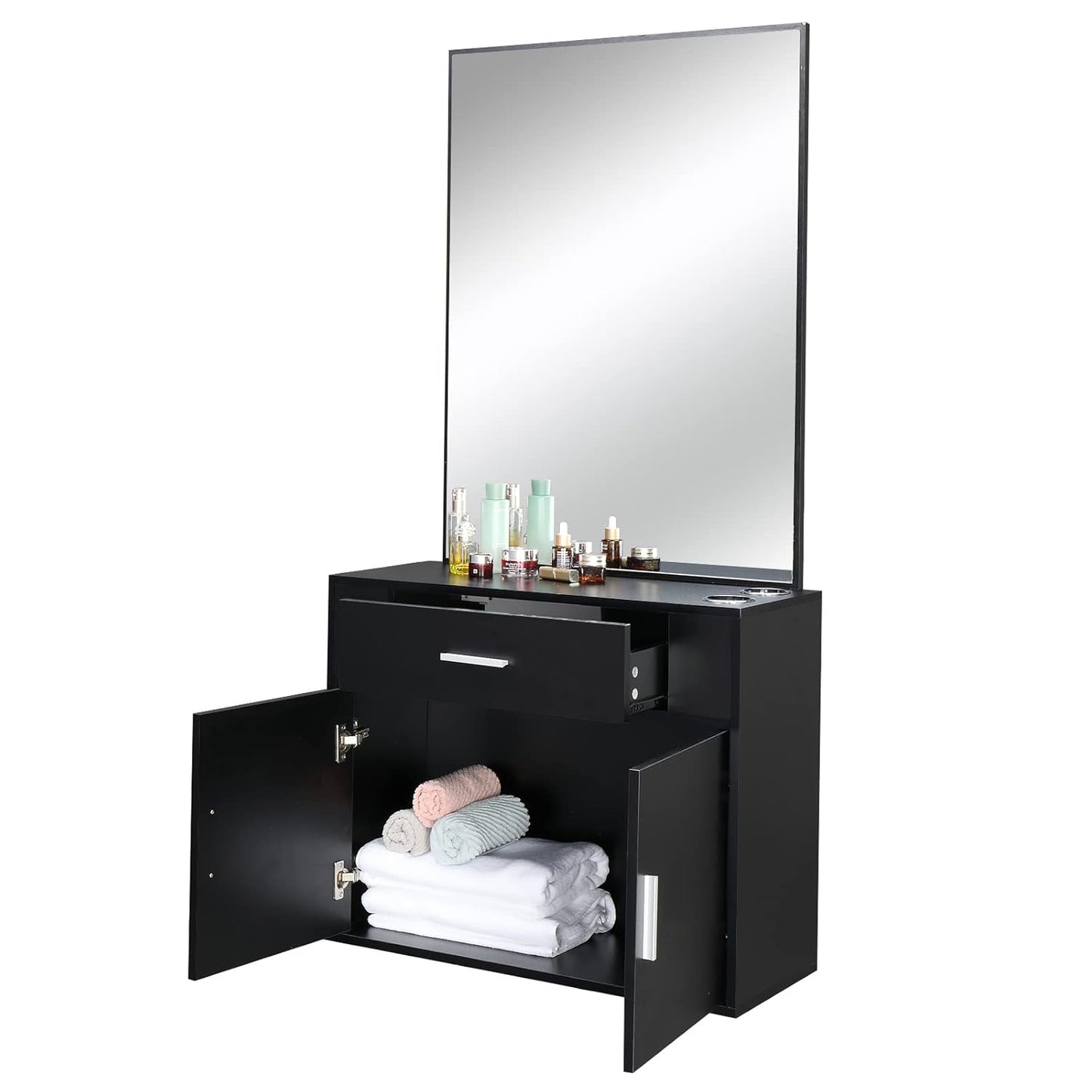 Wall Mount Salon Station - Stylish Barber Station with Mirror, Storage Cabinet & 2 Hair Dryer Holders | Black