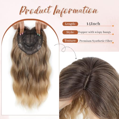 MARJORIE Hair Topper,Wavy Hair Toppers for Women 14inch Natural Looking Hairpiece with Wispy Bangs, Volume Booster Wiglet for Full Coverage, Quick Styling for Party/Date Night/Social/Content Creators
