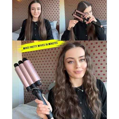 3 Barrel Curling Iron, 1 Inch Ceramic Tourmaline Hair Waver Wand with LCD Temperature Display, Fast Heating Foldable Crimpers for Travel Glove Included (Gold)