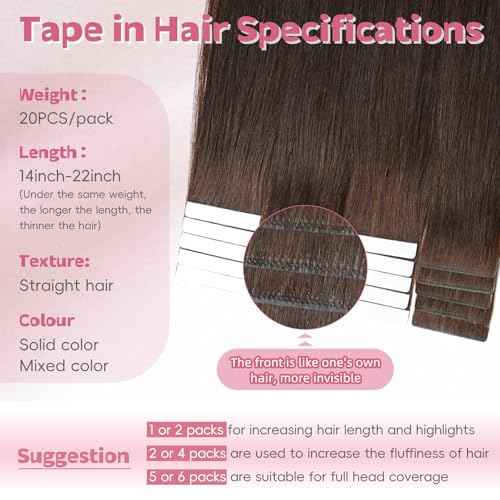 Invisible Tape in Hair Extensions Human hair 100% Remy Human Hair 2#-Darke Brown Natural Hair Extensions 16inch 20PCS/50G/Pack Invisible Tape in Extensions Straight