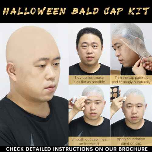 Halloween Bald Caps Costume Kit for Woman & Men - Realistic Latex Bald Cap with Adhesive Glue & Remover - Complete Makeup Set for Halloween, Zombie, Cosplay, Costume, SFX, Dress-Up Party