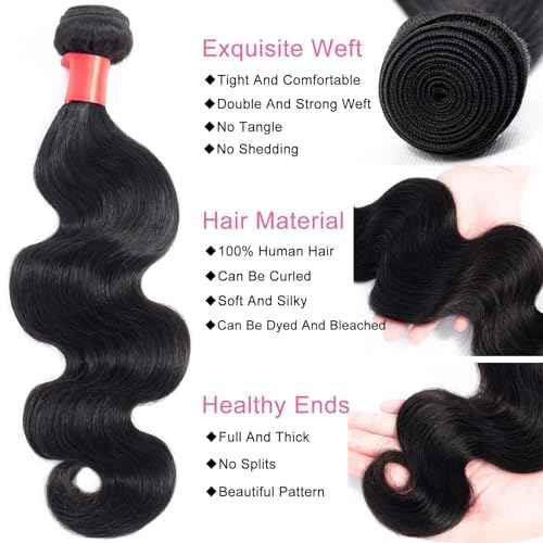 Douyin Brazilian Body Wave 3 Bundles Human Hair 16 18 20 Inch 12A 100% Unprocessed Virgin Human Hair Weave Bundles Deals Natural Black Color (1B Black£¬16 18 20)