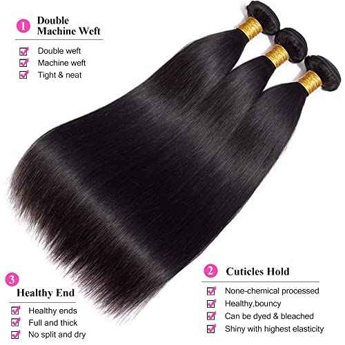 10A Brazilian Straight Human Hair 3 Bundles with Closure 14 16 18+12 Inch 100% Unprocessed Straight Virgin Hair Weave Bundles Human Hair with 4x4 HD Lace Closure