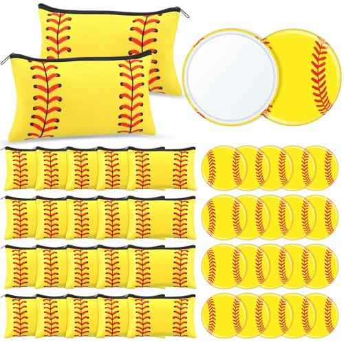 40 Pcs Softball Party Favors Softball Gifts for Team Girls Bulk Include 20 Softball Cosmetic Bag 20 Softball Compact Mirror Softball Sport Round Pocket Portable Mirror for Women Girls