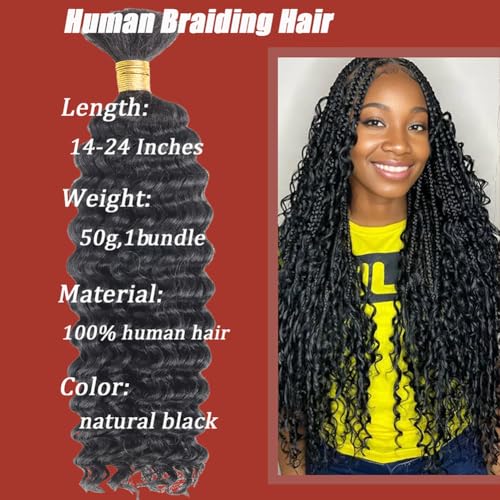 Human Braiding Hair 50g Deep Curly Wave Bulk Human Hair for Braiding No Weft Bundle Brazilian Virgin Curly Human Hair Extensions for Boho Braids Wet and Wavy Human Hair Braiding Hair Natural Color