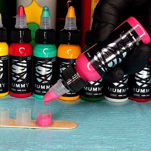 Mummy King TUT 12 Color Tattoo Ink Set 1oz Includes:True Blue,Sky Blue,Turquoise,Bright Orange,Brown,Lavender,Tropical Teal,Lime Green,Nuclear Green,hot Pink,Pink,Light Purple